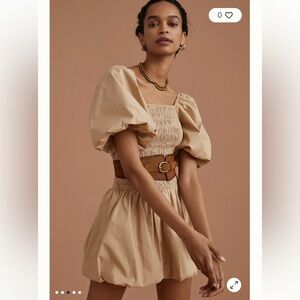 ANTHROPOLOGIE ENDLESS ROSE Smocked Puff-Sleeved Mini Dress Beige